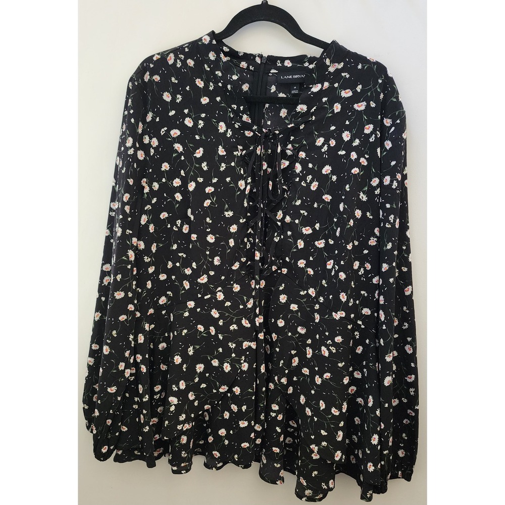 Lane Bryant Black Daisy Floral Lace Up V-Neck Peplum Blouse Top Womens 18